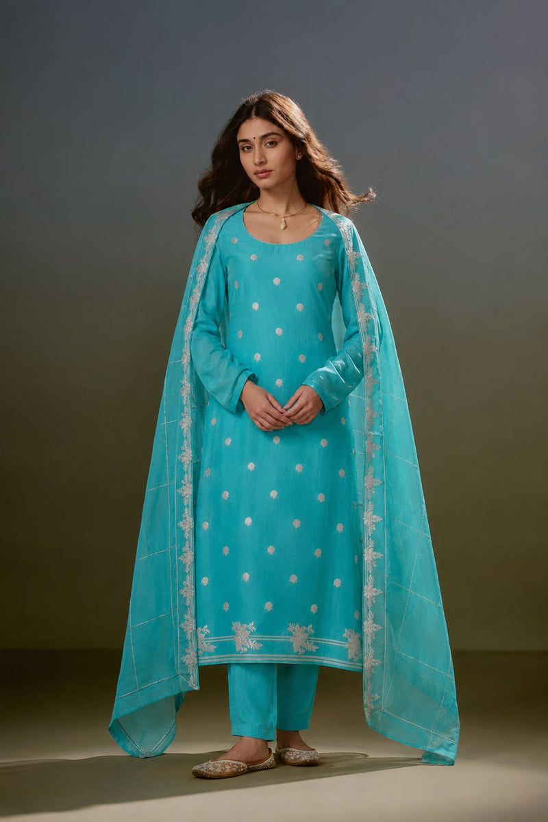 Turquoise Georgette Kurta Fabric with Silver-Toned Buttis and Floral Border Dupatta