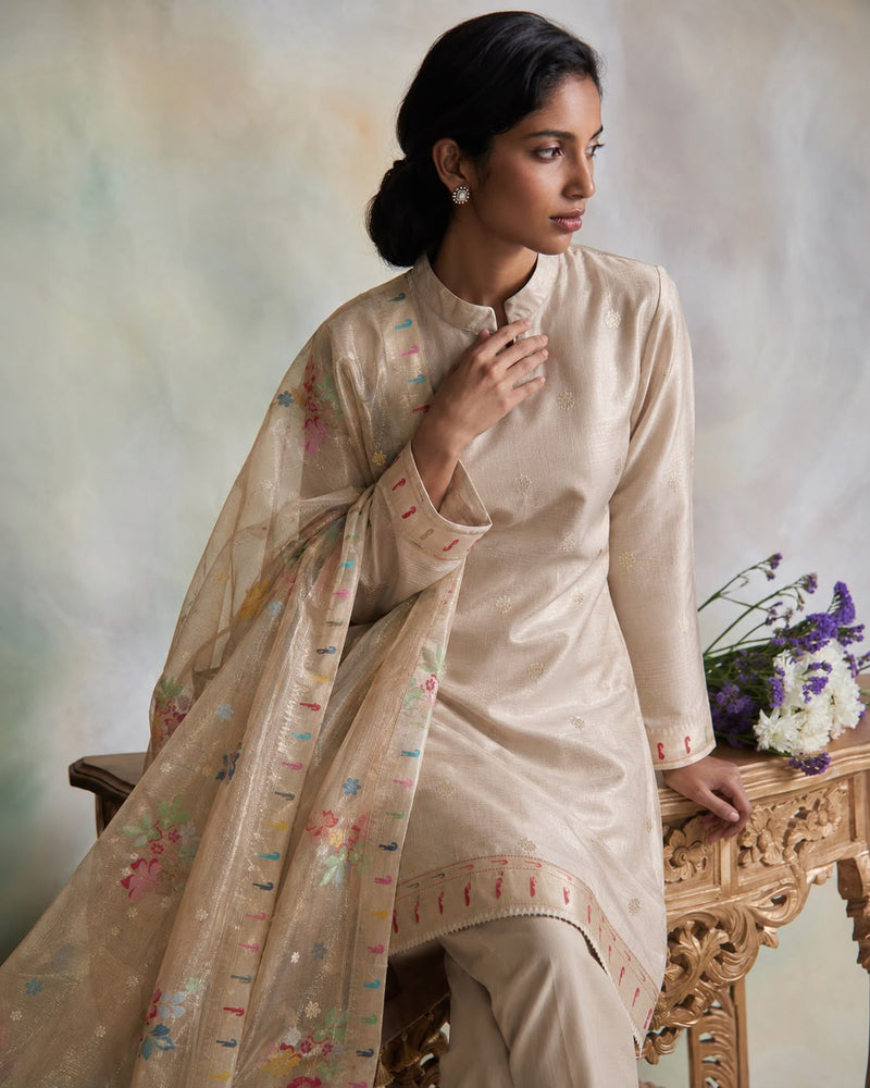 Gold Banarasi Double Tissue Suit Set — Polychrome Meenakari Bootis & Floral Dupatta | 2-Piece