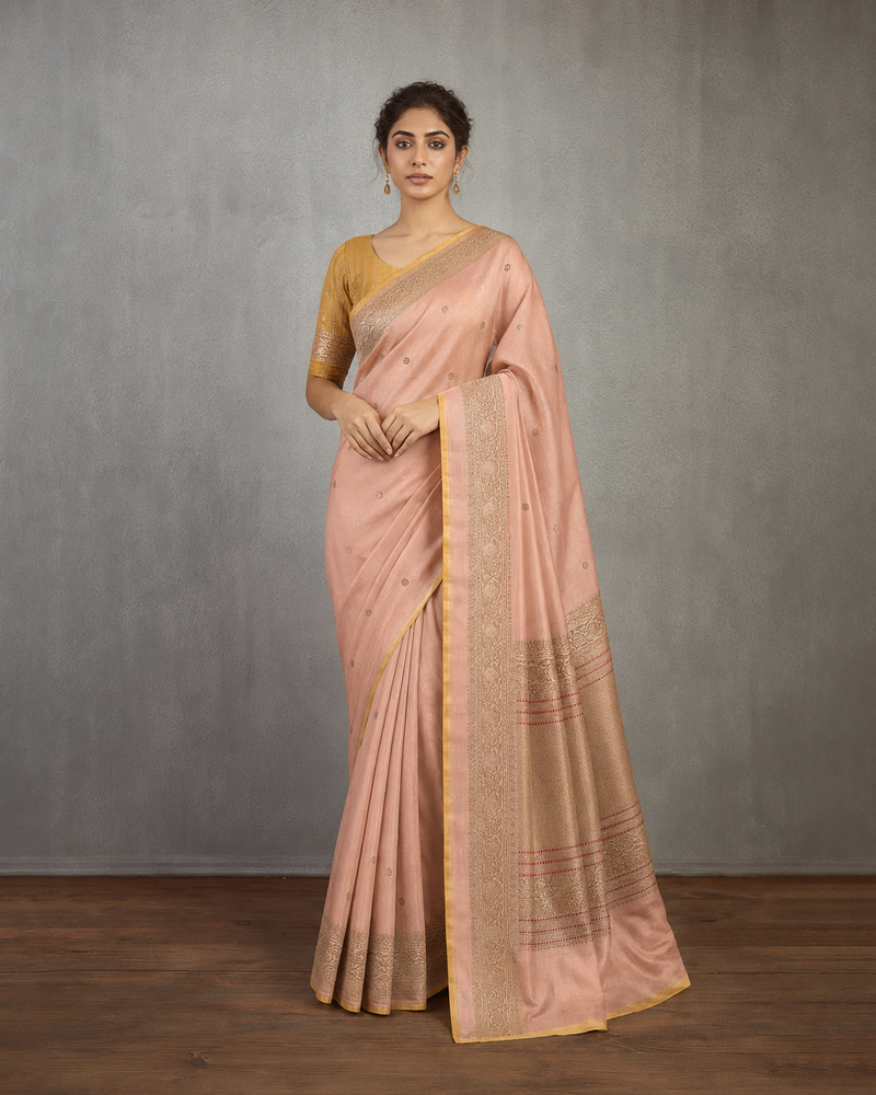 Baby Peach Handwoven Pure Organza Silk Sari