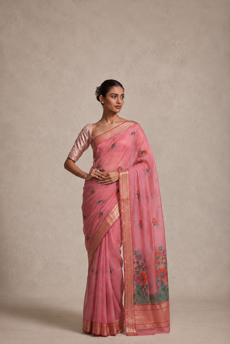Gajiri Pink Handwoven Pure Banarasi Organza Silk Sari
