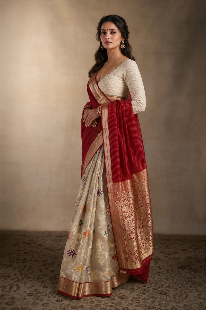 Red Pure Tussar Silk Banarasi Handloom Sari — Meenakari Figurative Border