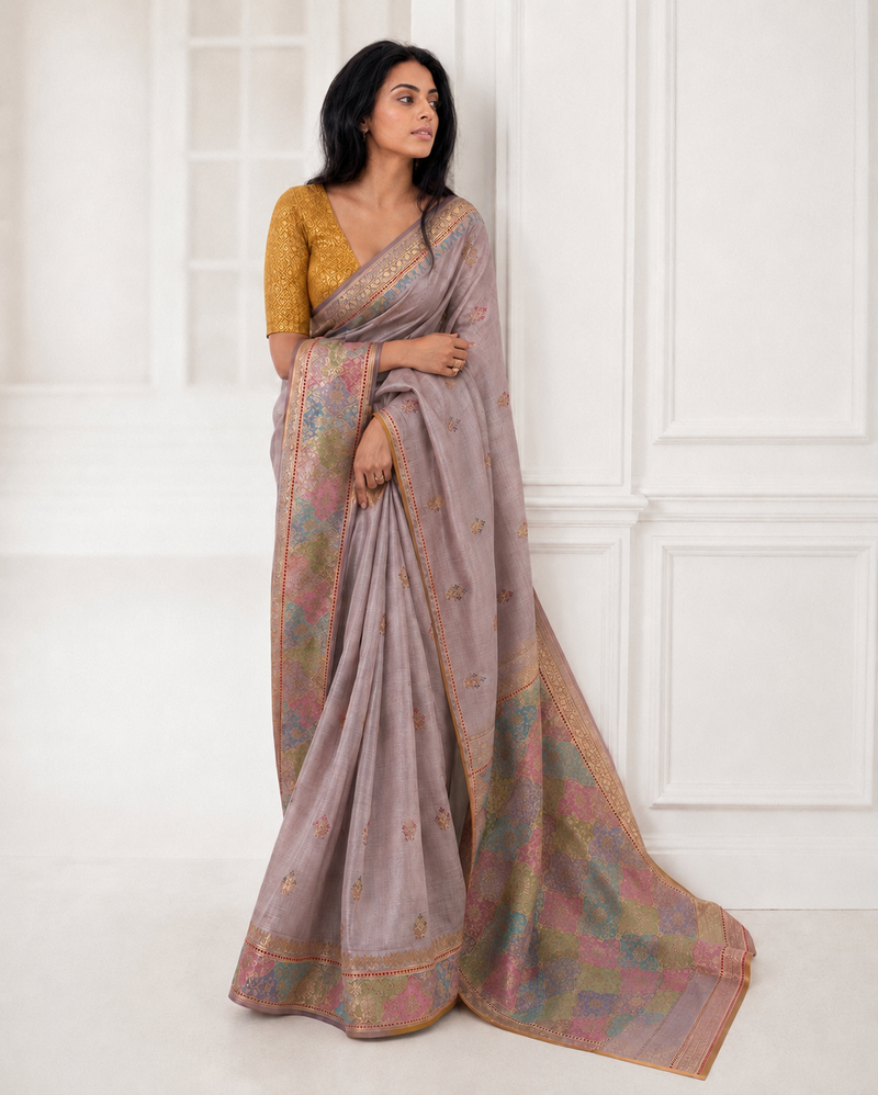Light Lavender Handwoven Pure Organza Silk Sari – Kadwa Weave, Kora-Mulberry Silk, Skirt Border Sari