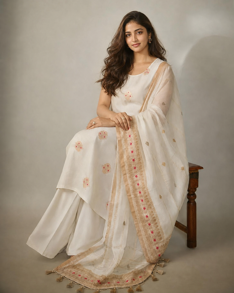 Ivory Banarasi Kora Organza Suit Set — Meenakari Rosette Booti Kurta & Gold Border Dupatta | 2-Piece