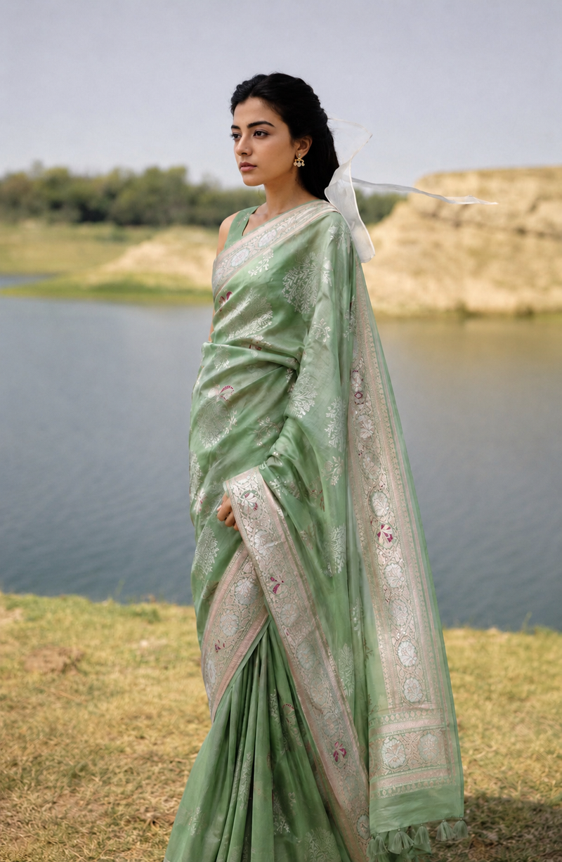 Banarasi Katan Silk Sari in Mint Parrot Green | Silver & Gold Zari Weave with Meenakari Accents