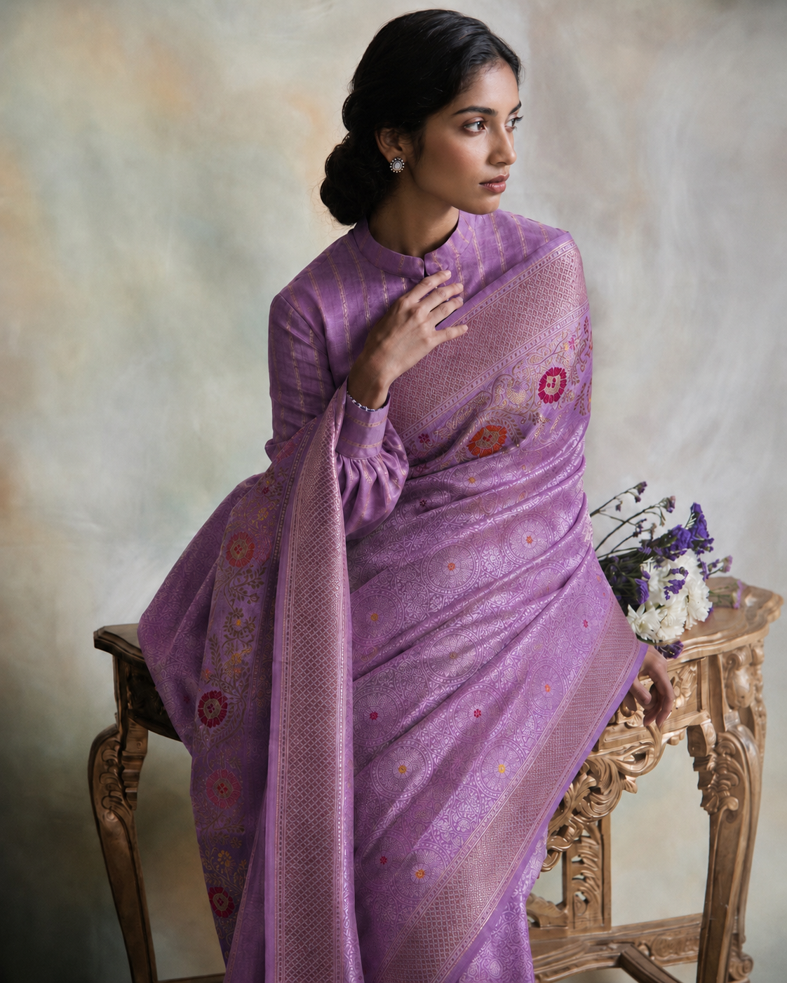 Banarasi Pure Silk Sari in Mauve Lavender | Silver Zari Tanchoi Body with Meenakari Butis & Antique Gold Floral Pallu