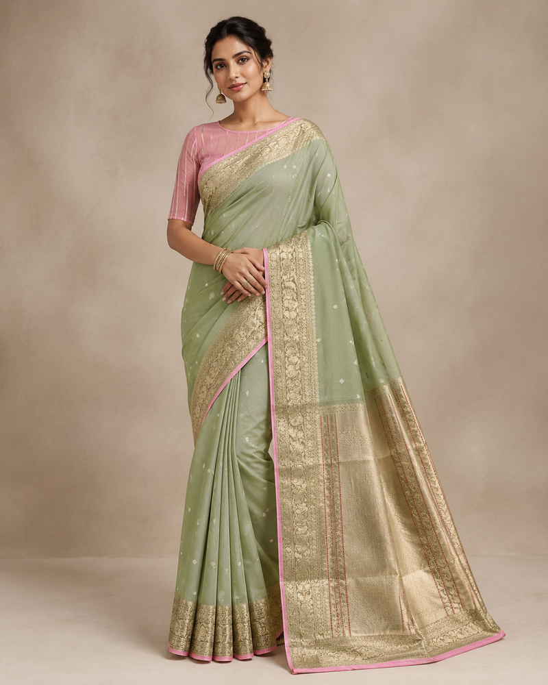 Pista Green Pure Organza Silk Banarasi Handloom Sari — Floral Zari Pallu & Pink Contrast Blouse