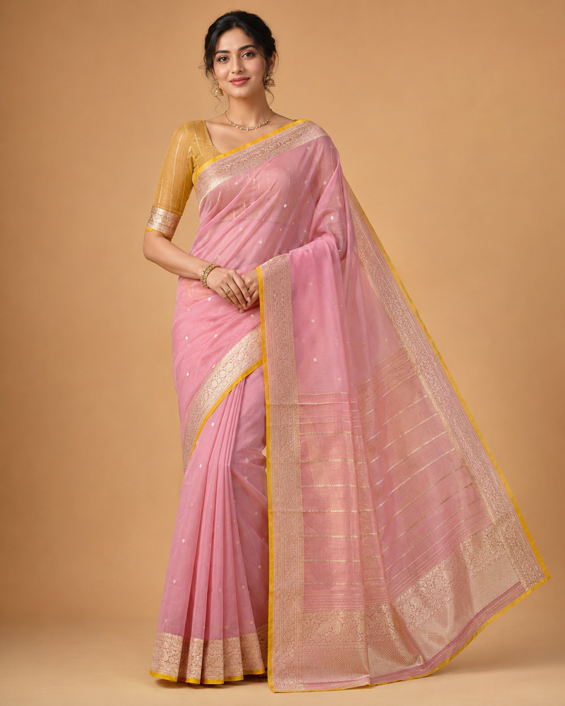 Pastel Pink Pure Organza Silk Banarasi Handloom Sari — Gold Zari Floral Pallu & Yellow Contrast Blouse