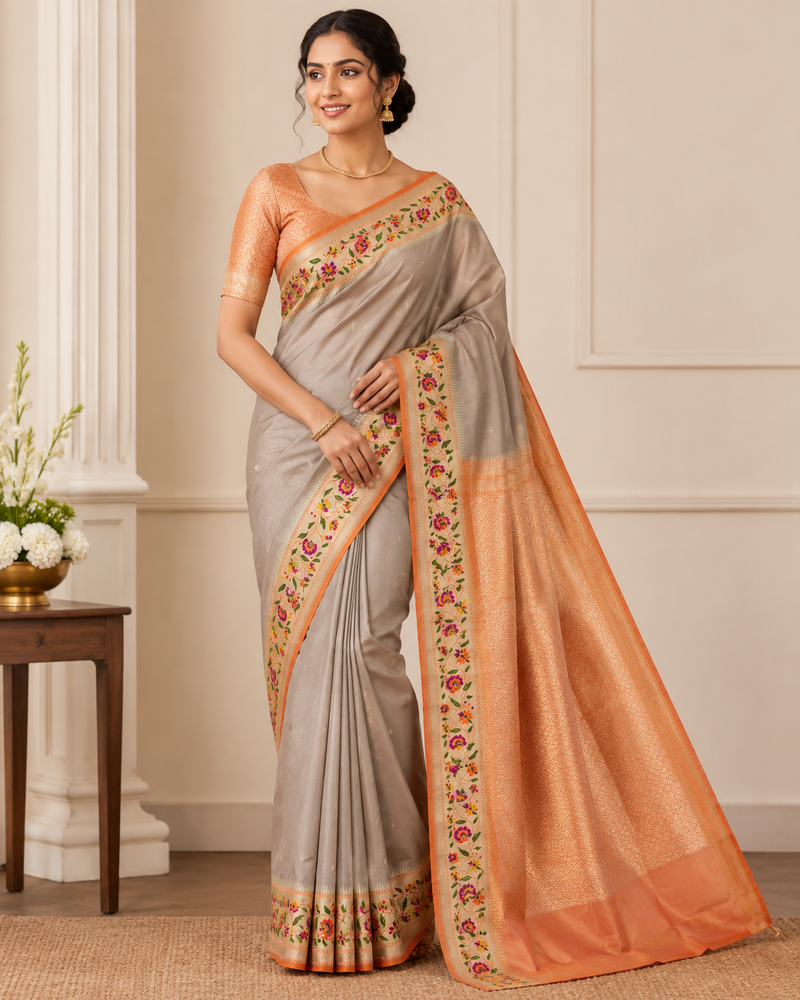 Chiku & Orange Banarasi Ektara Silk Sari — Meenakari Floral Border