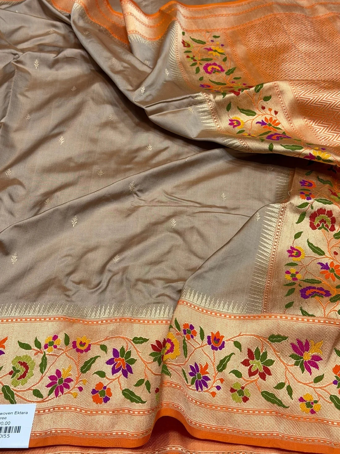 Chiku & Orange Banarasi Ektara Silk Sari — Meenakari Floral Border
