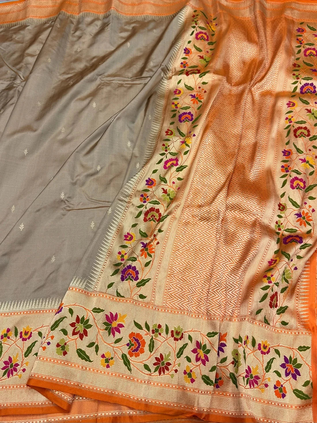 Chiku & Orange Banarasi Ektara Silk Sari — Meenakari Floral Border