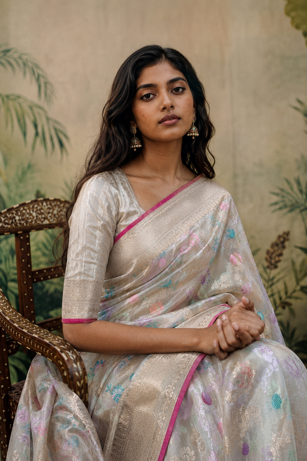 Ivory Pure Katan-Tissue Silk Banarasi Handloom Sari — Meenakari Jaal with Coloured Butis
