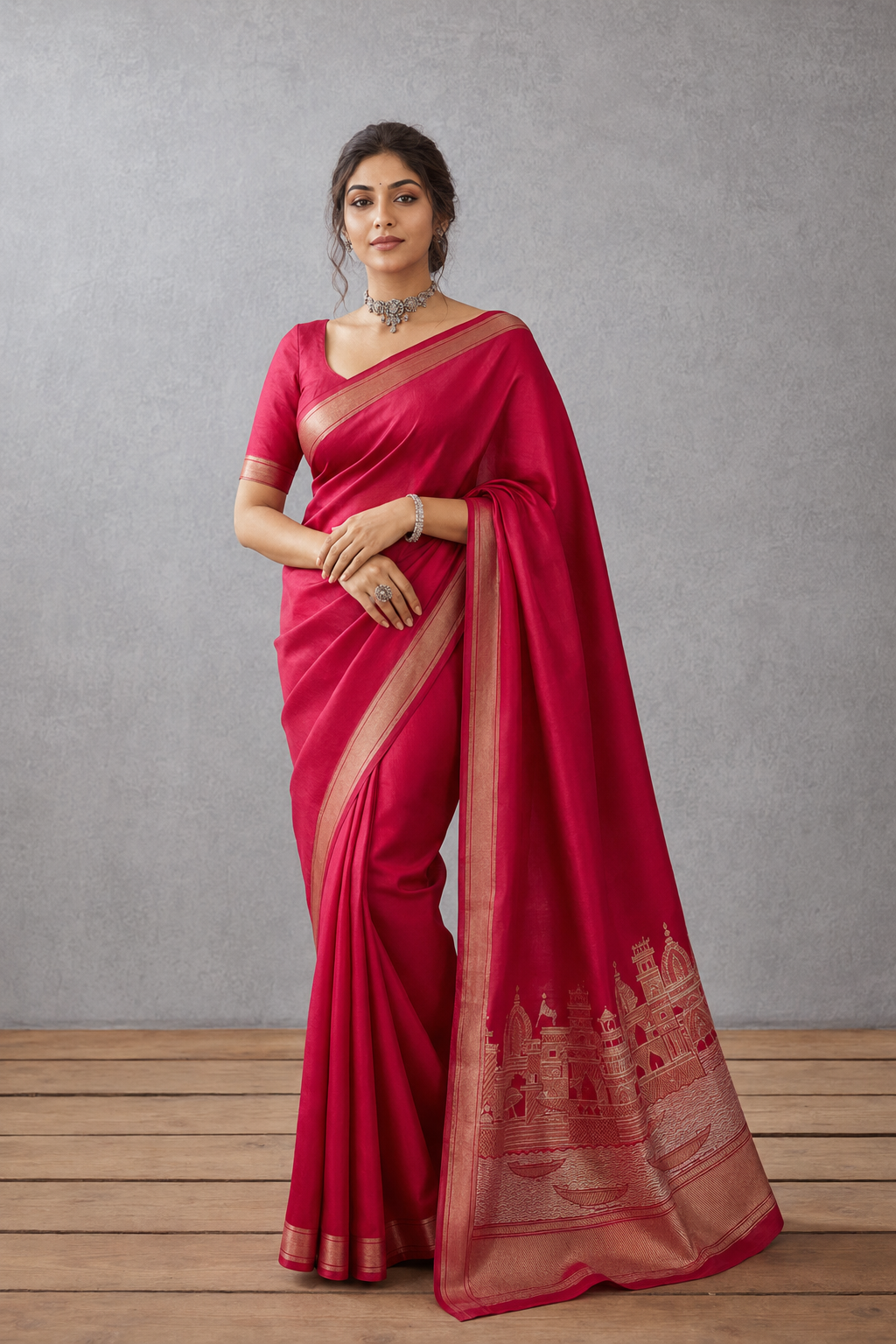 Rani Pink Pure Katan Silk Banarasi Handloom Sari — Ghat Motif