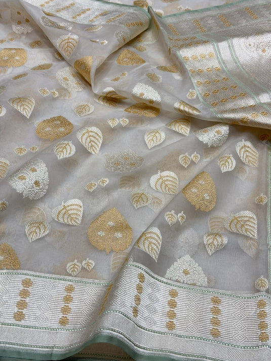 Ivory Pure Kora Silk Banarasi Handloom Sari — Gold & Silver Zari Leaf Butis