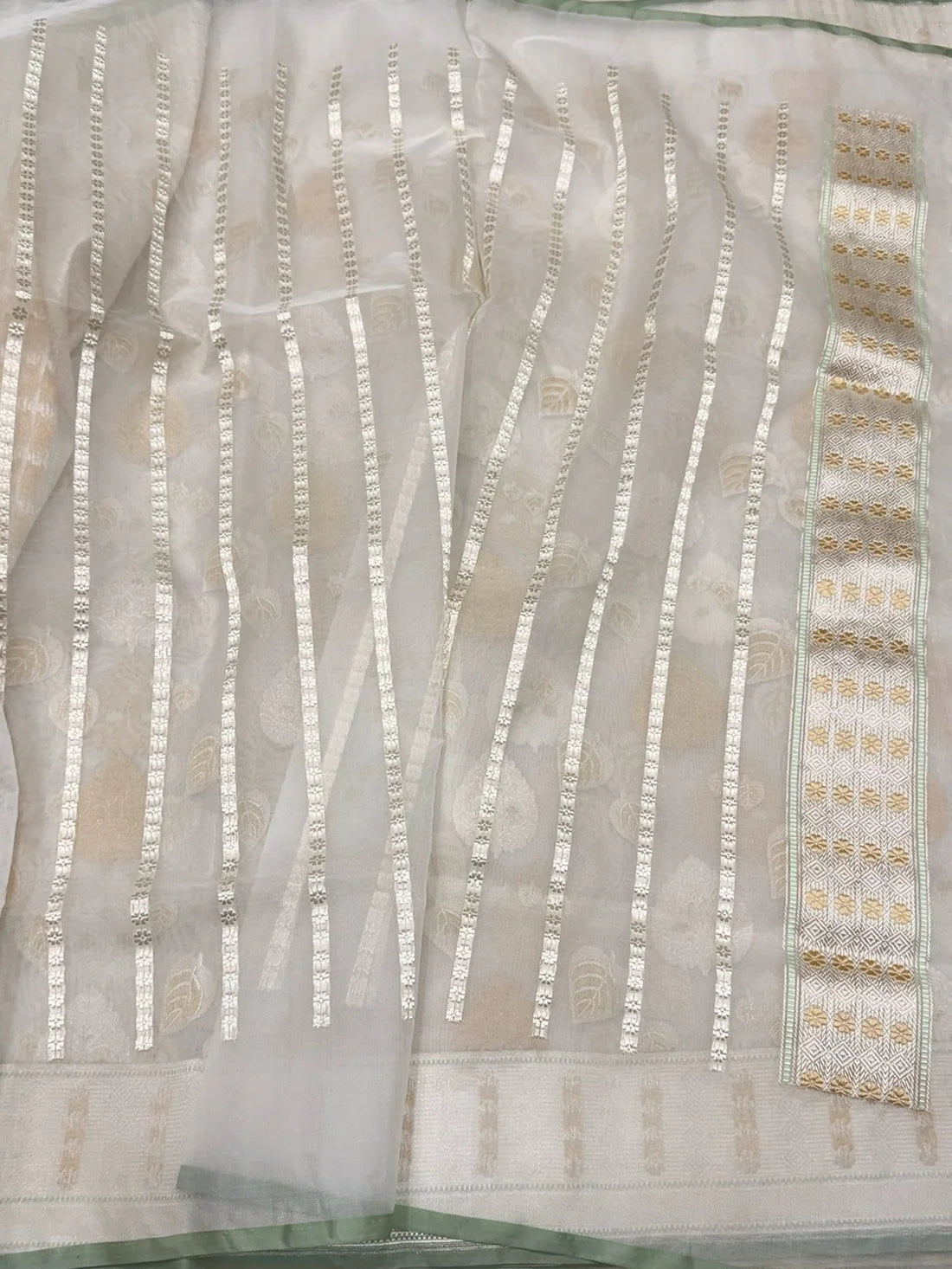 Ivory Pure Kora Silk Banarasi Handloom Sari — Gold & Silver Zari Leaf Butis