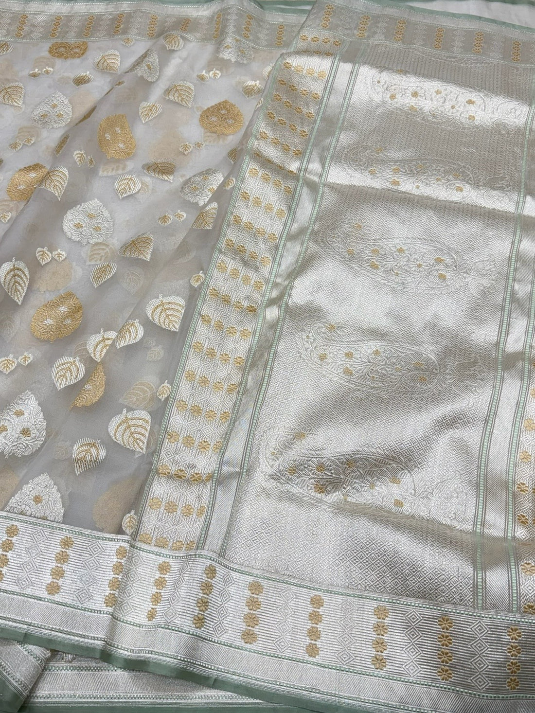 Ivory Pure Kora Silk Banarasi Handloom Sari — Gold & Silver Zari Leaf Butis