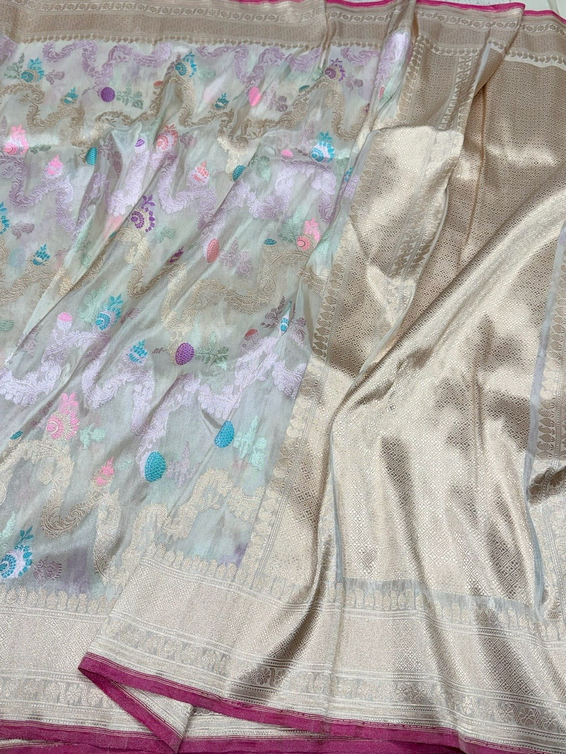 Ivory Pure Katan-Tissue Silk Banarasi Handloom Sari — Meenakari Jaal with Coloured Butis