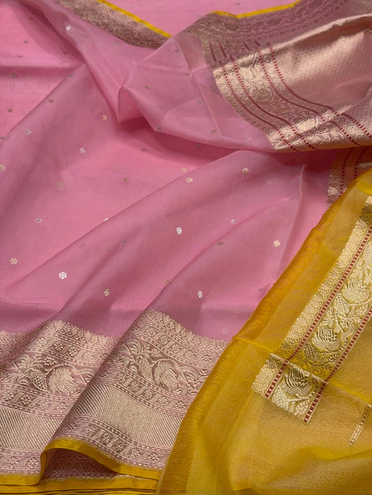 Pastel Pink Pure Organza Silk Banarasi Handloom Sari — Gold Zari Floral Pallu & Yellow Contrast Blouse