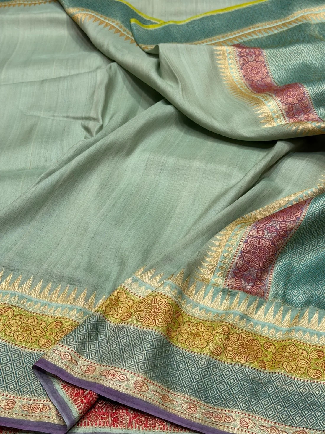 Pista Green Tussar Georgette Sari — Meenakari Border & Brocade Blouse