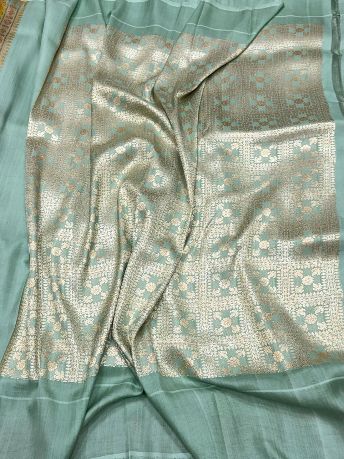 Pista Green Tussar Georgette Sari — Meenakari Border & Brocade Blouse