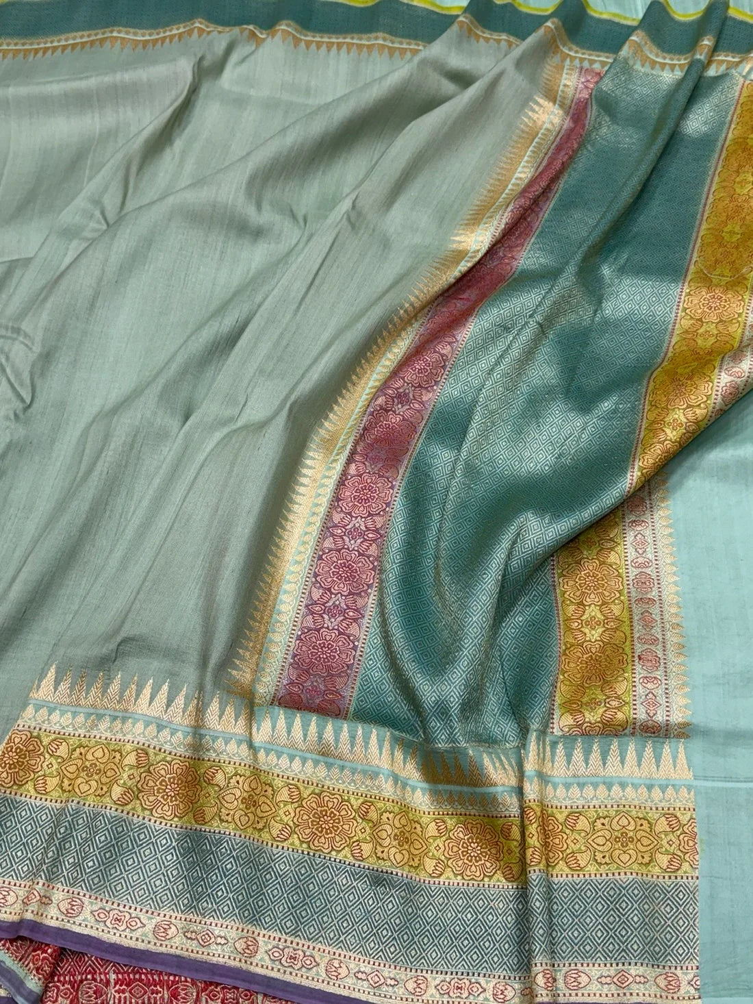 Pista Green Tussar Georgette Sari — Meenakari Border & Brocade Blouse