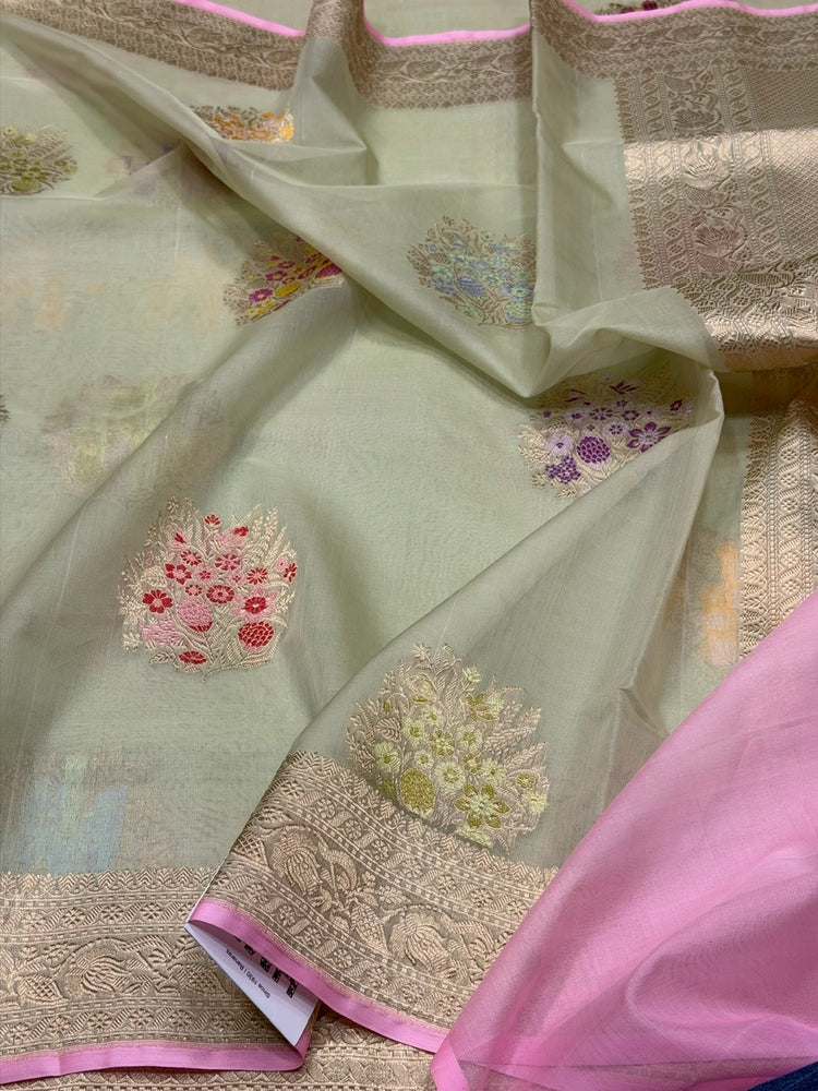Pista Pure Kora Silk Banarasi Handloom Sari — Meenakari Floral Butis