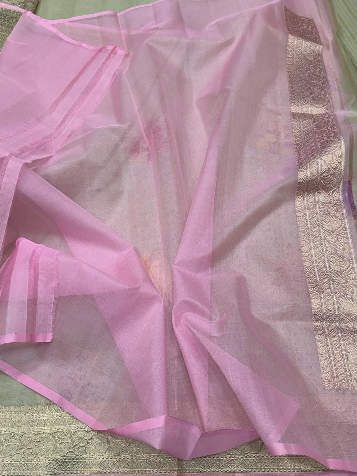 Pista Pure Kora Silk Banarasi Handloom Sari — Meenakari Floral Butis