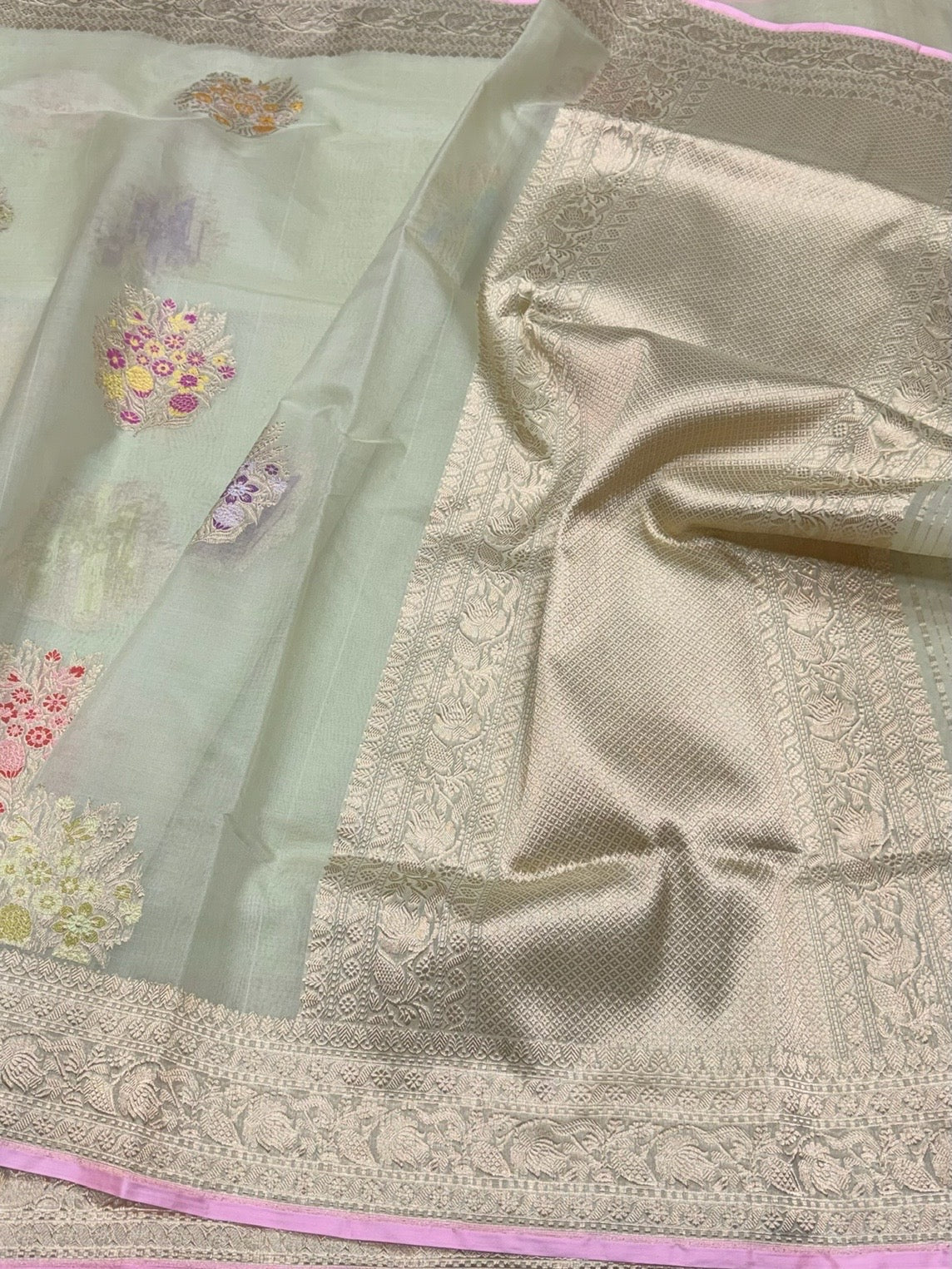Pista Pure Kora Silk Banarasi Handloom Sari — Meenakari Floral Butis