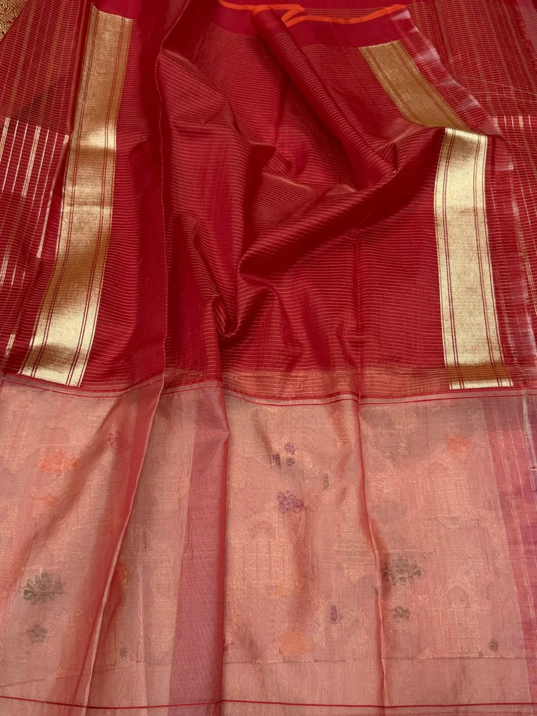 Red Pure Tussar Silk Banarasi Handloom Sari — Meenakari Figurative Border