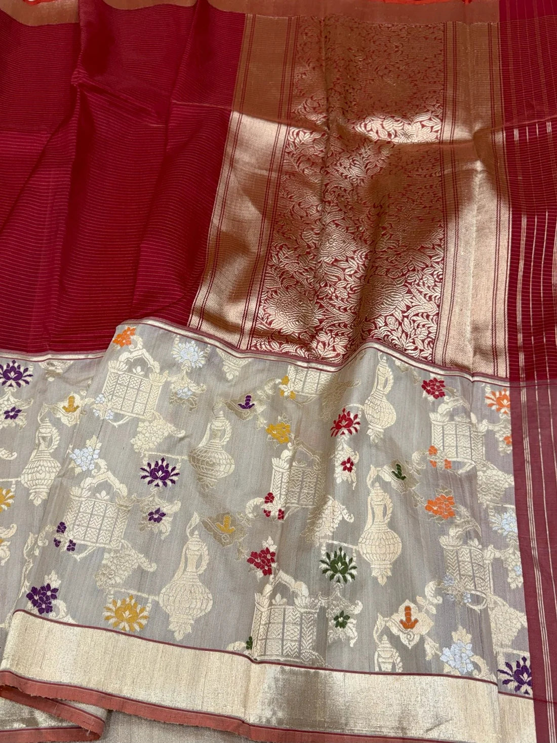Red Pure Tussar Silk Banarasi Handloom Sari — Meenakari Figurative Border
