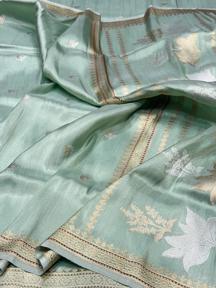 Sage Green Pure Silk Tissue Banarasi Handloom Sari — Kadhua Lotus Pallu