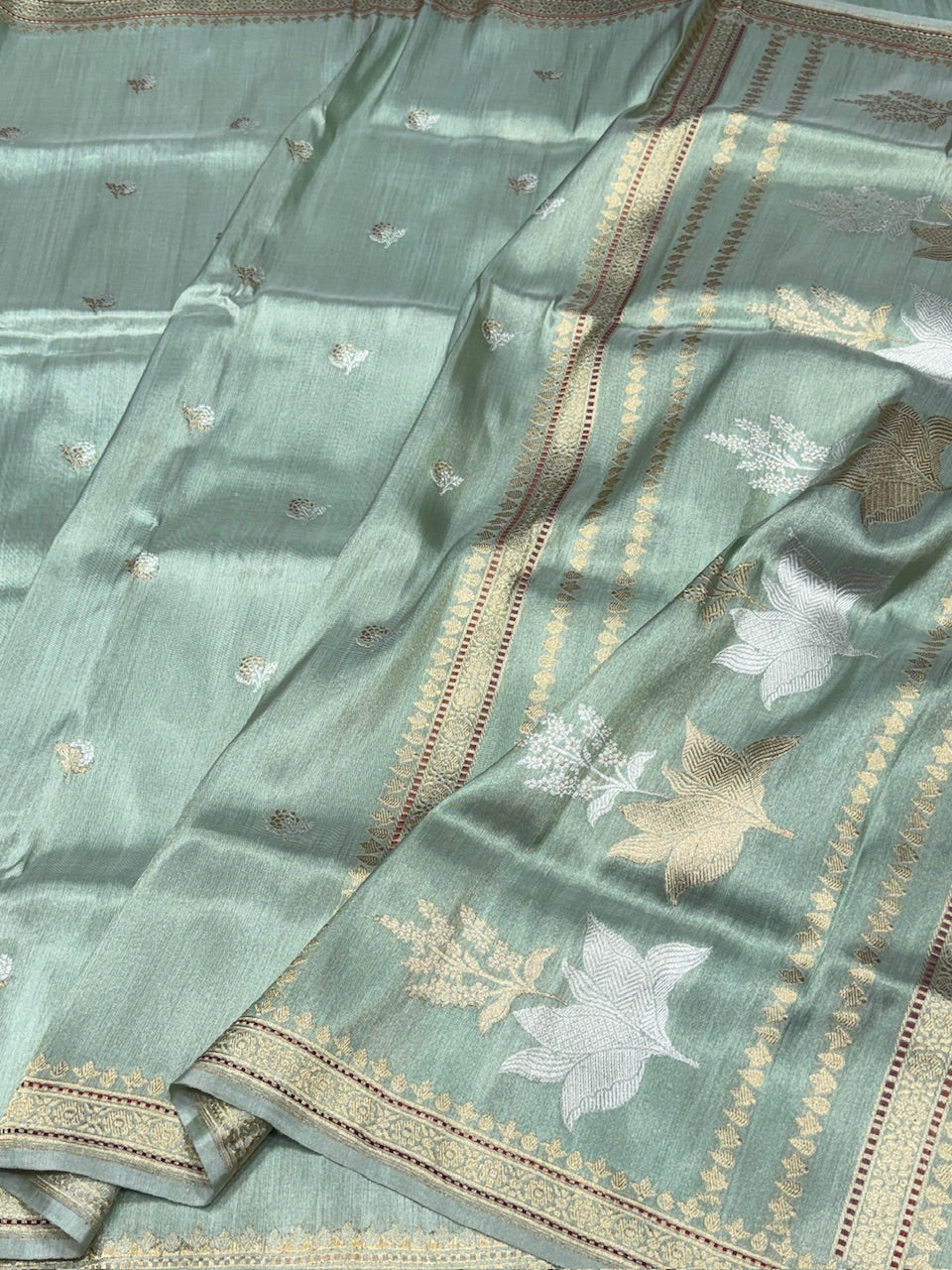 Sage Green Pure Silk Tissue Banarasi Handloom Sari — Kadhua Lotus Pallu