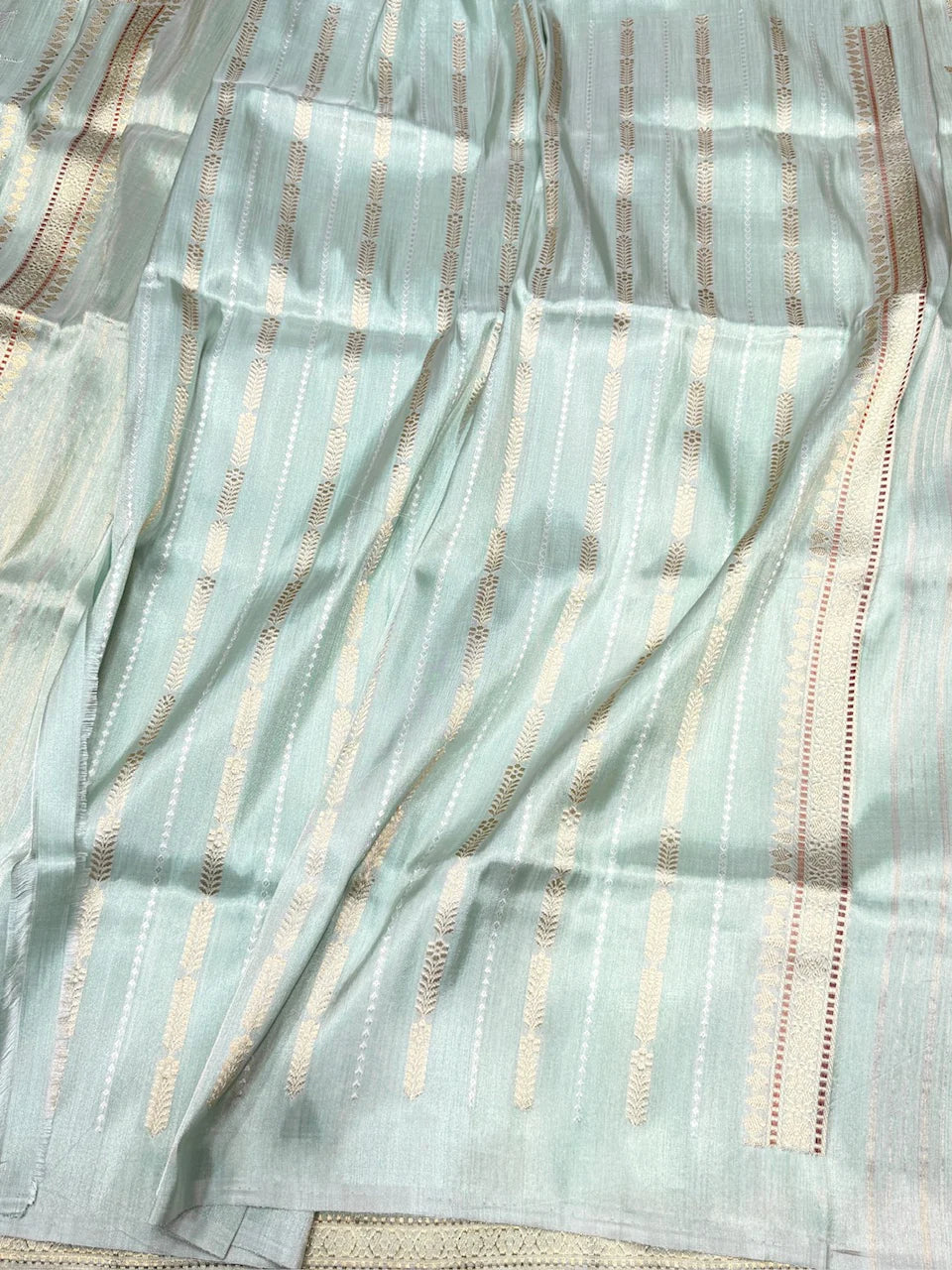Sage Green Pure Silk Tissue Banarasi Handloom Sari — Kadhua Lotus Pallu