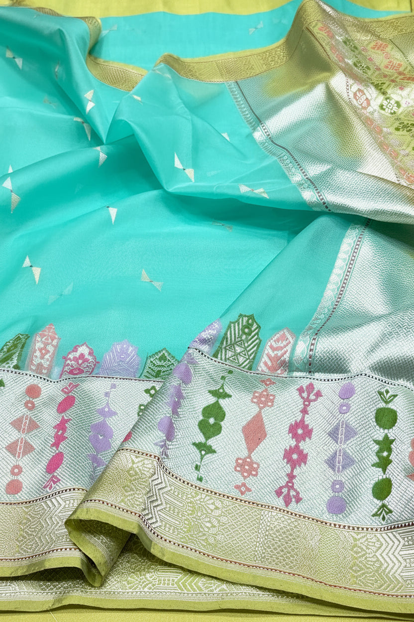 Sea Green Banarasi Organza Silk Sari — Meenakari Border & Floral Pallu