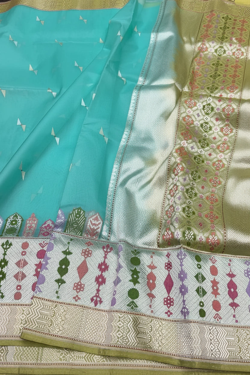 Sea Green Banarasi Organza Silk Sari — Meenakari Border & Floral Pallu