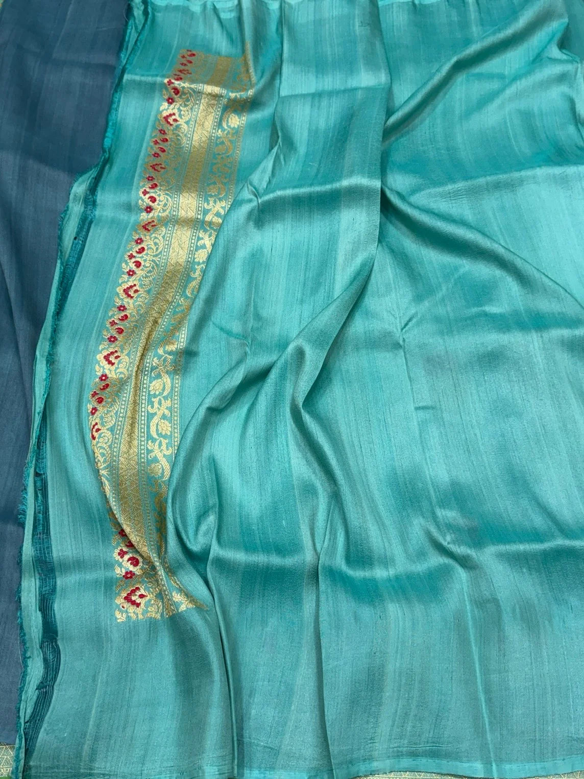 Sky Blue Pure Tussar Silk Banarasi Handloom Sari — Meenakari Kadwa Butis