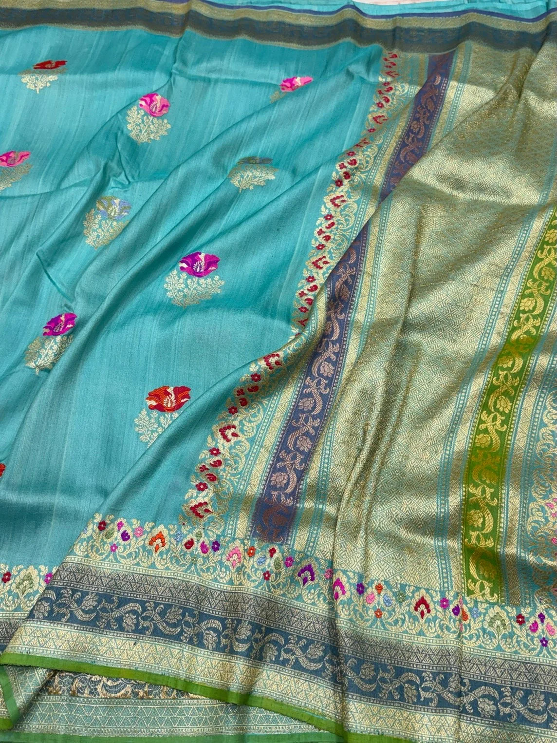 Sky Blue Pure Tussar Silk Banarasi Handloom Sari — Meenakari Kadwa Butis