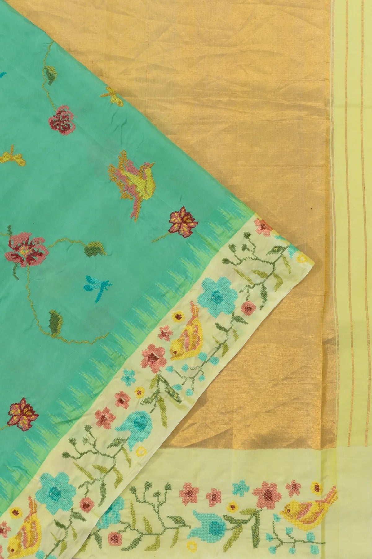 Sea Green Kanchipuram Silk Sari — Bird & Floral Jaal