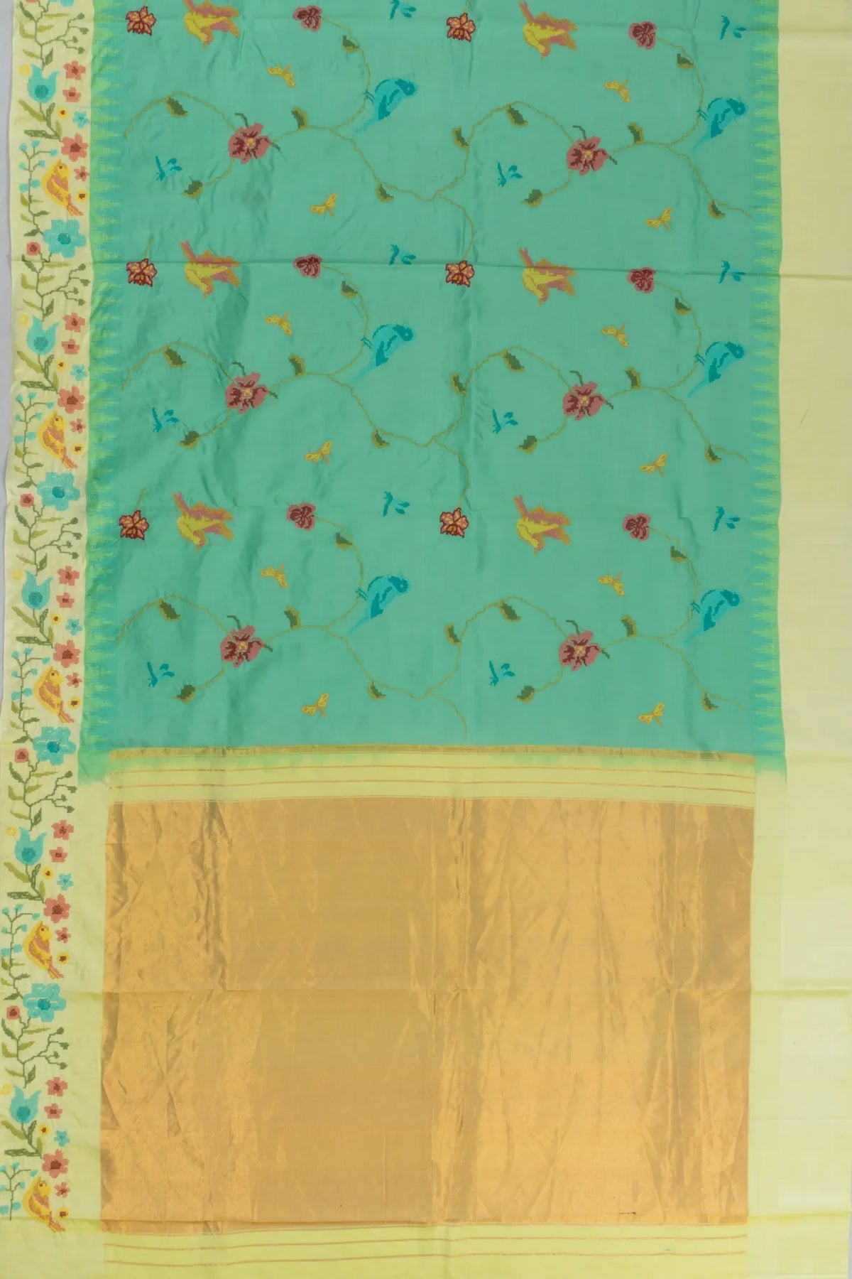 Sea Green Kanchipuram Silk Sari — Bird & Floral Jaal