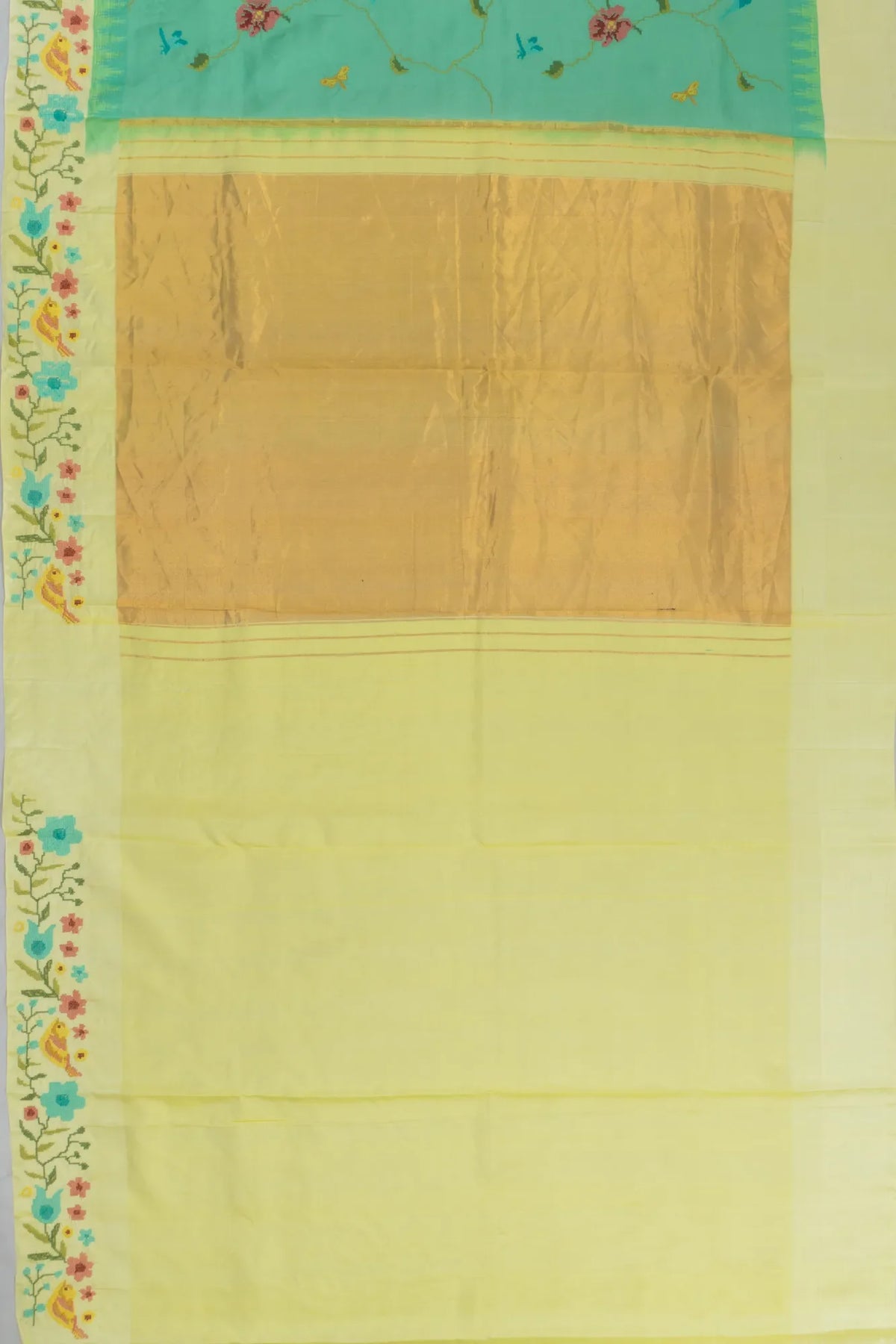 Sea Green Kanchipuram Silk Sari — Bird & Floral Jaal
