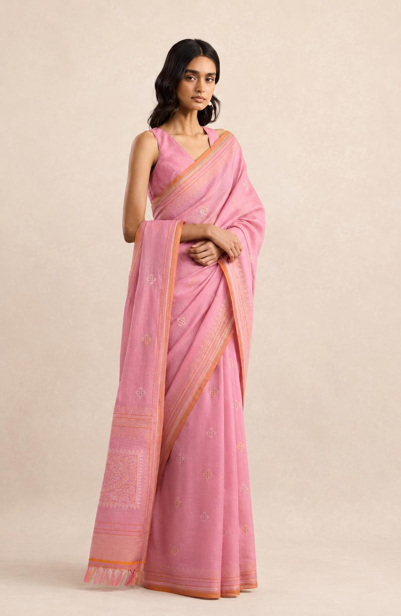 Rose Pink Handwoven Cotton Sari — Woven Butis and a Fine Striped Border