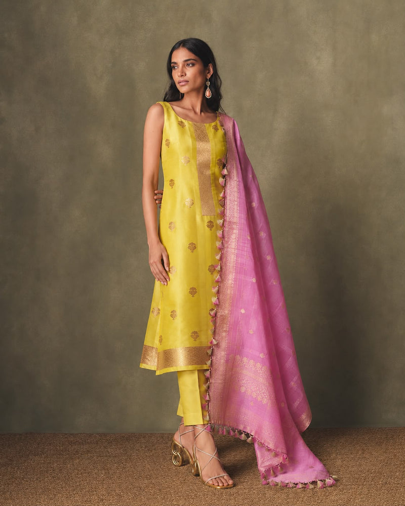 Bubblegum Yellow & Pink Banarasi Kora Organza Suit Set — Floral Booti Kurta & Ambi Dupatta | 2-Piece