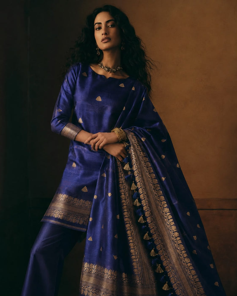 Royal Blue Banarasi Organza Suit Set — Triangular Floral Booti Kurta & Full-Floral Border Dupatta | 2-Piece