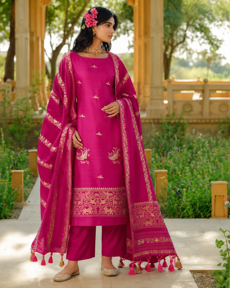 Rani Banarasi Mulberry Silk 3-Piece Suit Set — Shikargah Bird Booti Kurta, Stripe Dupatta & Pant