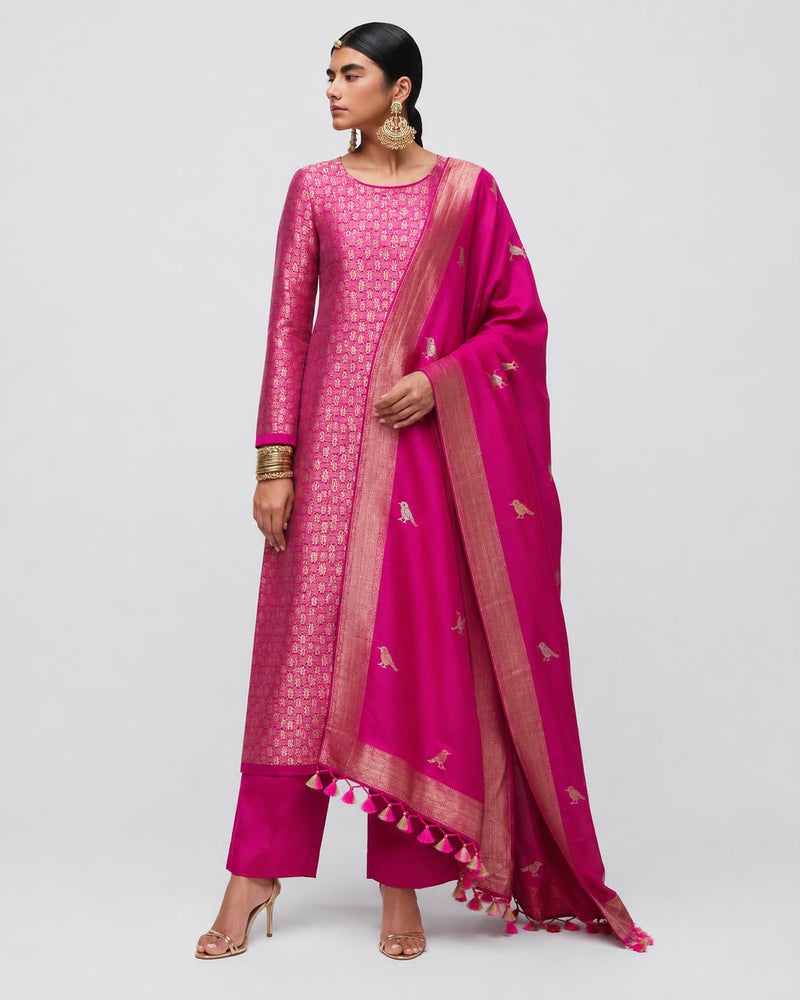 Blush & Rani Banarasi Brocade Silk Suit Set — All-Over Gold Jaal Kurta & Perched Bird Booti Dupatta | 2-Piece