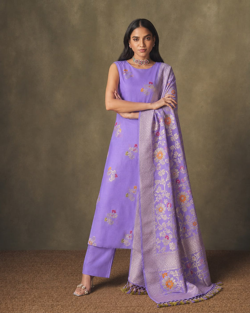 Lavender Banarasi Georgette Suit Set — Polychrome Meenakari Booti Kurta & Full-Jaal Dupatta | 2-Piece