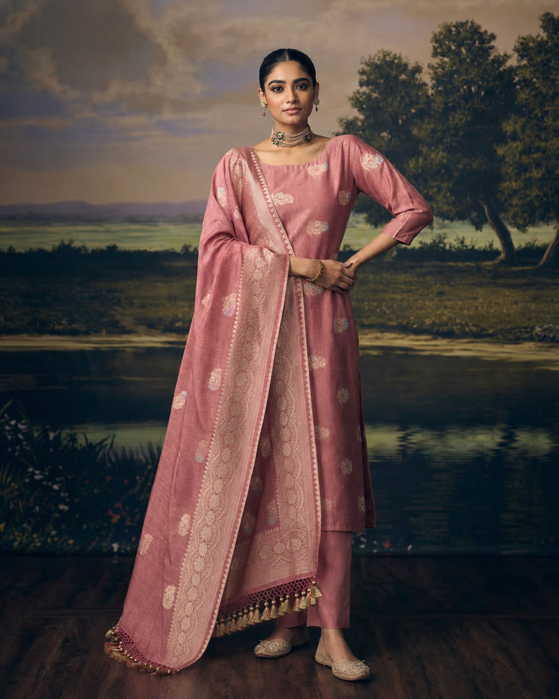 Dusty Rose Banarasi Cotton Suit Set — Two-Scale Meenakari Booti Kurta & Floral Border Dupatta | 2-Piece