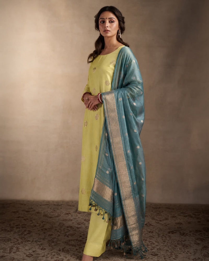 Candy Yellow & Teal Banarasi Kora Organza Suit Set — Rosette Booti Kurta & Geometric Booti Border Dupatta | 2-Piece