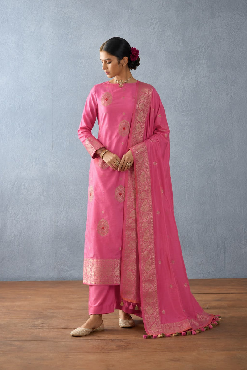 Flamingo Pink Banarasi Pure Katan Silk Suit Set — Meenakari Medallion Booti Kurta & Full-Floral Border Dupatta | 2-Piece