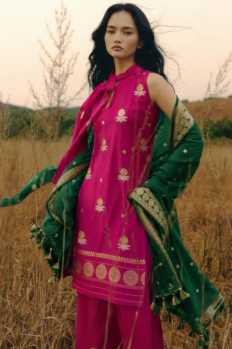 Rani & Forest Green Banarasi Organza Suit Set — Marigold Booti Kurta & Snowflake Booti Medallion Border Dupatta | 2-Piece