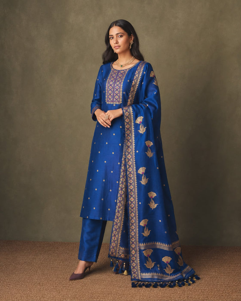German Blue Banarasi Mulberry Silk Suit Set — Snowflake Booti Kurta & Fan-Palm Meenakari Dupatta | 2-Piece